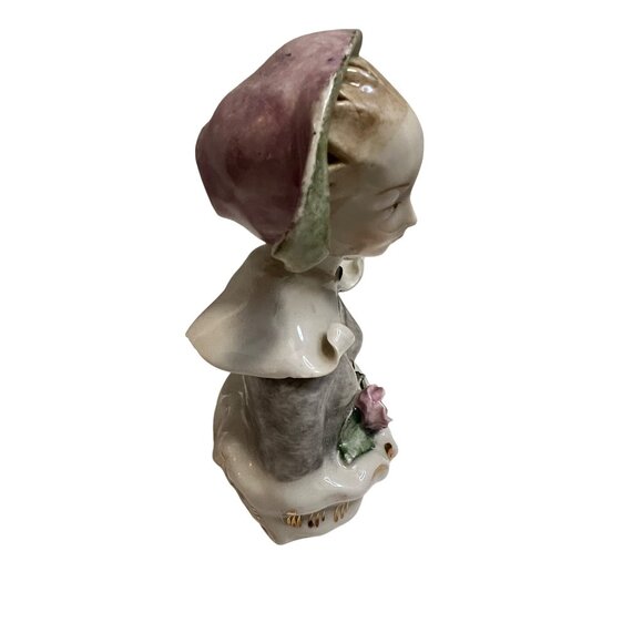 Vintage Porcelain Figurine Of Woman In Bonnet Holding Pink Rose - Picture 4 of 5
